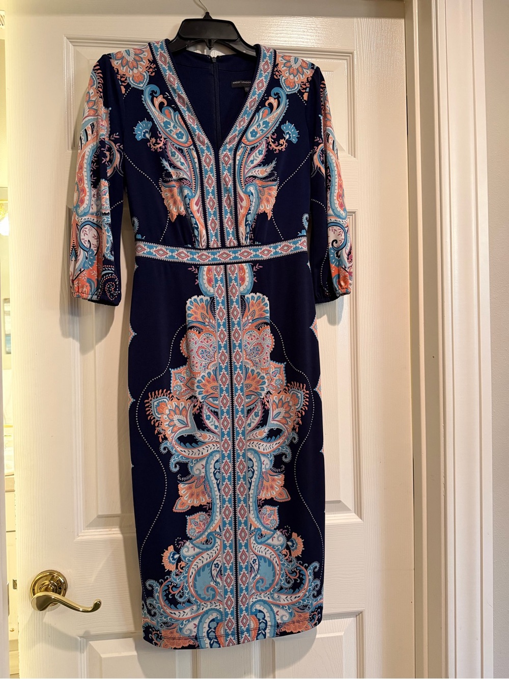 Maggy London Navy Blue Paisley-Print V-Neck Sheath Dress